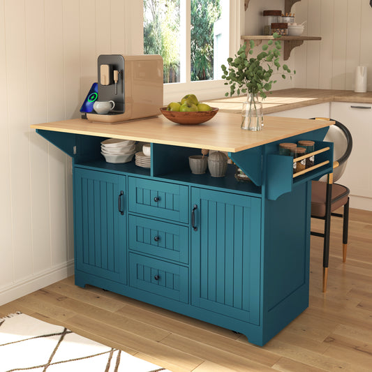 K&K 55.7  Large Kitchen Island With 2 Drop Leaf,, Rolling Kitchen Cart On 5 Wheels With Power Outlet, Folding Storage Dining Table With Spice & Towel Rack , 3 Drawers, For Kitchen, Dining Room,Green