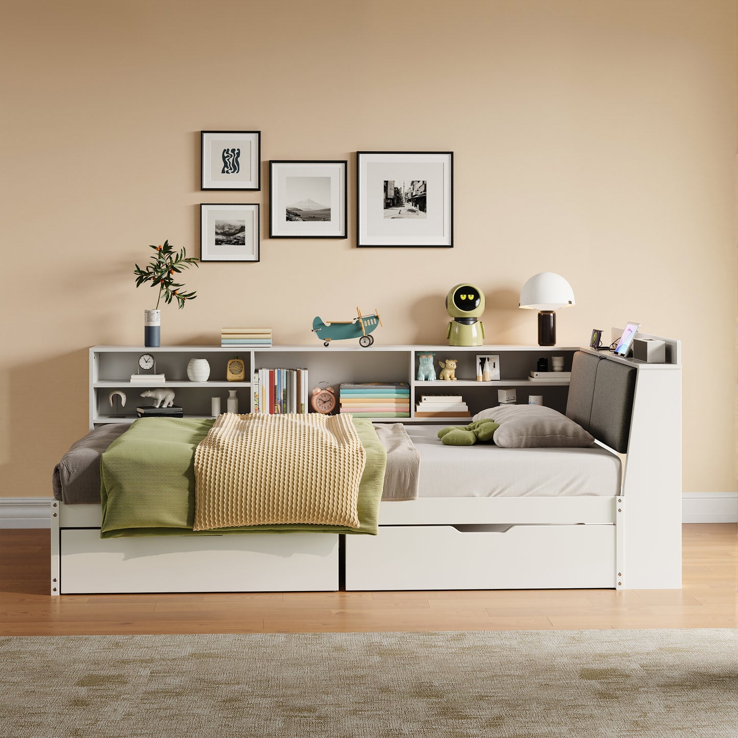 3ft Single L-Shape Daybed With Two Storage Drawers And Bookcase Storage, Linen Concealed Headboard Storage With Charging Station, Wood Bed For Living Room  Bedroom  Study Room, White  No Mattress