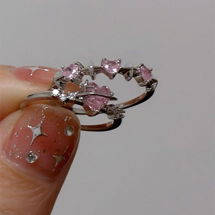 Korean-style Chic And Sweet Pink Diamond Heart Ring