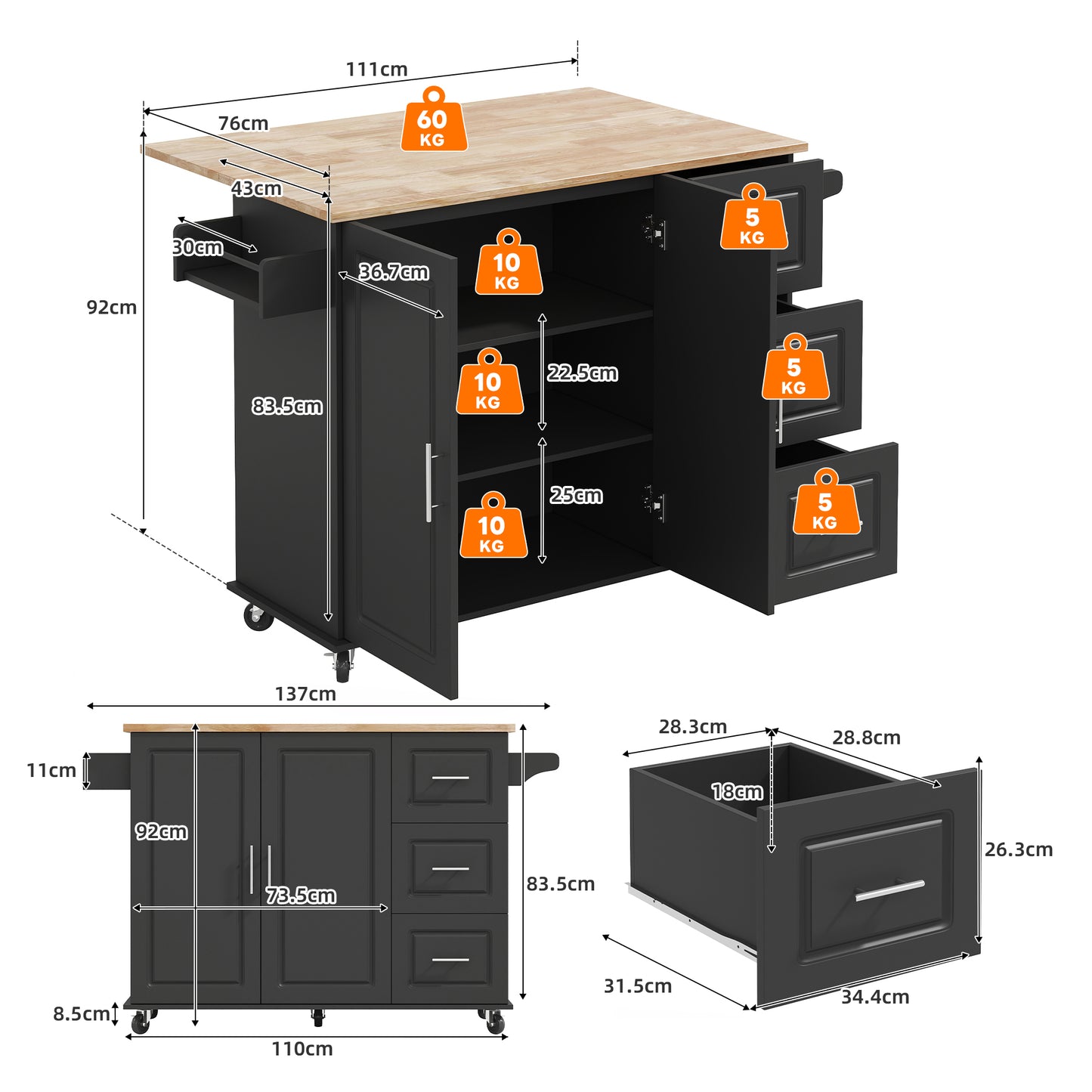 L137xW43 XH92cm Large Mobile Kitchen Table, Oak Countertop, Folding Design, Multifunctional Cabinet, 3 Drawers, Towel Rail, Suitable For Kitchen, Dining Room, Home
