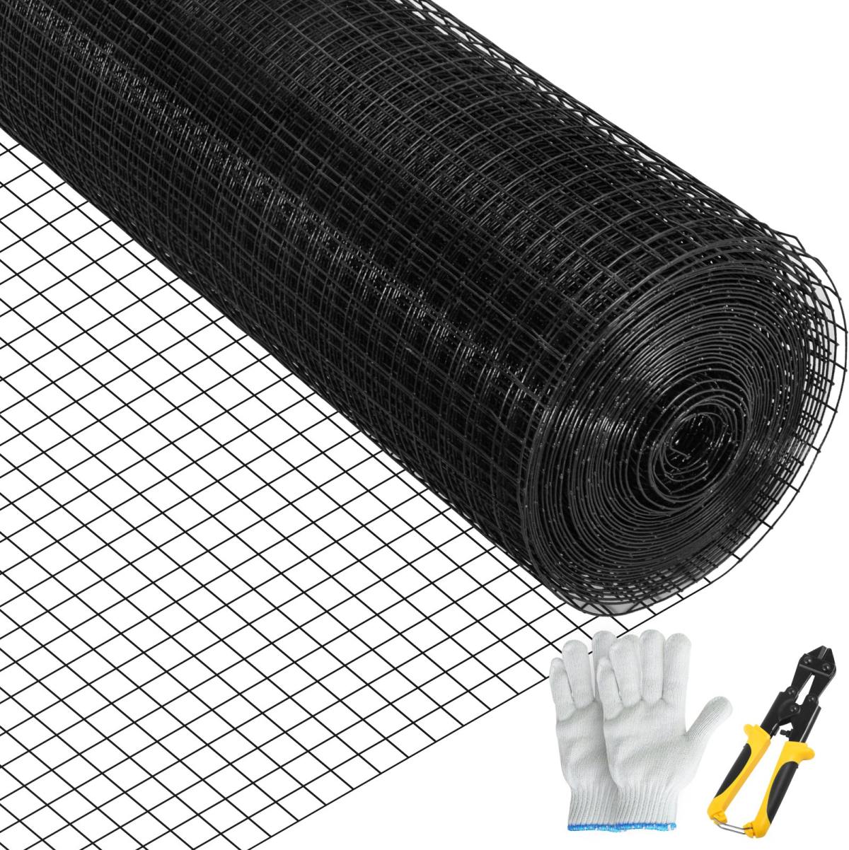 Hardware Cloth, 24' X 100' & 1'x1' Mesh Size, Galvanized Steel Vinyl Coated 16 Gauge Chicken Wire Fencing W'A Cutting Plier & A Pair Of Fabric Gloves, For Garden Fencing & Pet Enclosures, Black