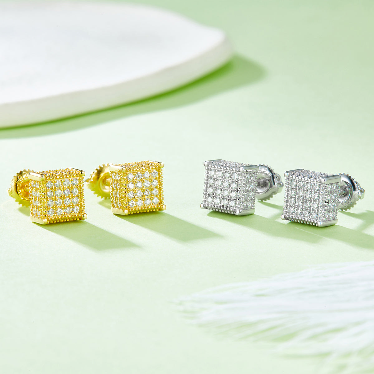 S925 Sterling Silver 96pcs D Color VVS1 Moissanite 3D Cube Stud Earrings 7.6mm Screw Back Hypoallergenic GRA Certified Gift Box