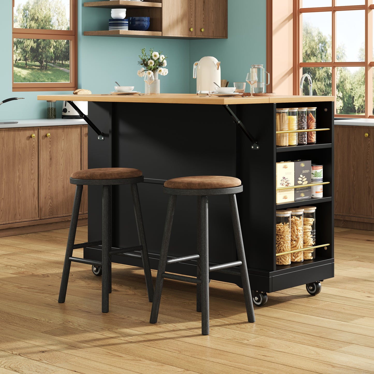 Modern Kitchen Island, Kitchen Cabinet, Buffet Cabinet, Wooden Grain Dining Cart, Buffet Cabinet, Multifunctional Dining Table With Storage Space, Dining Cart With Stretch Function Cabinets, Black