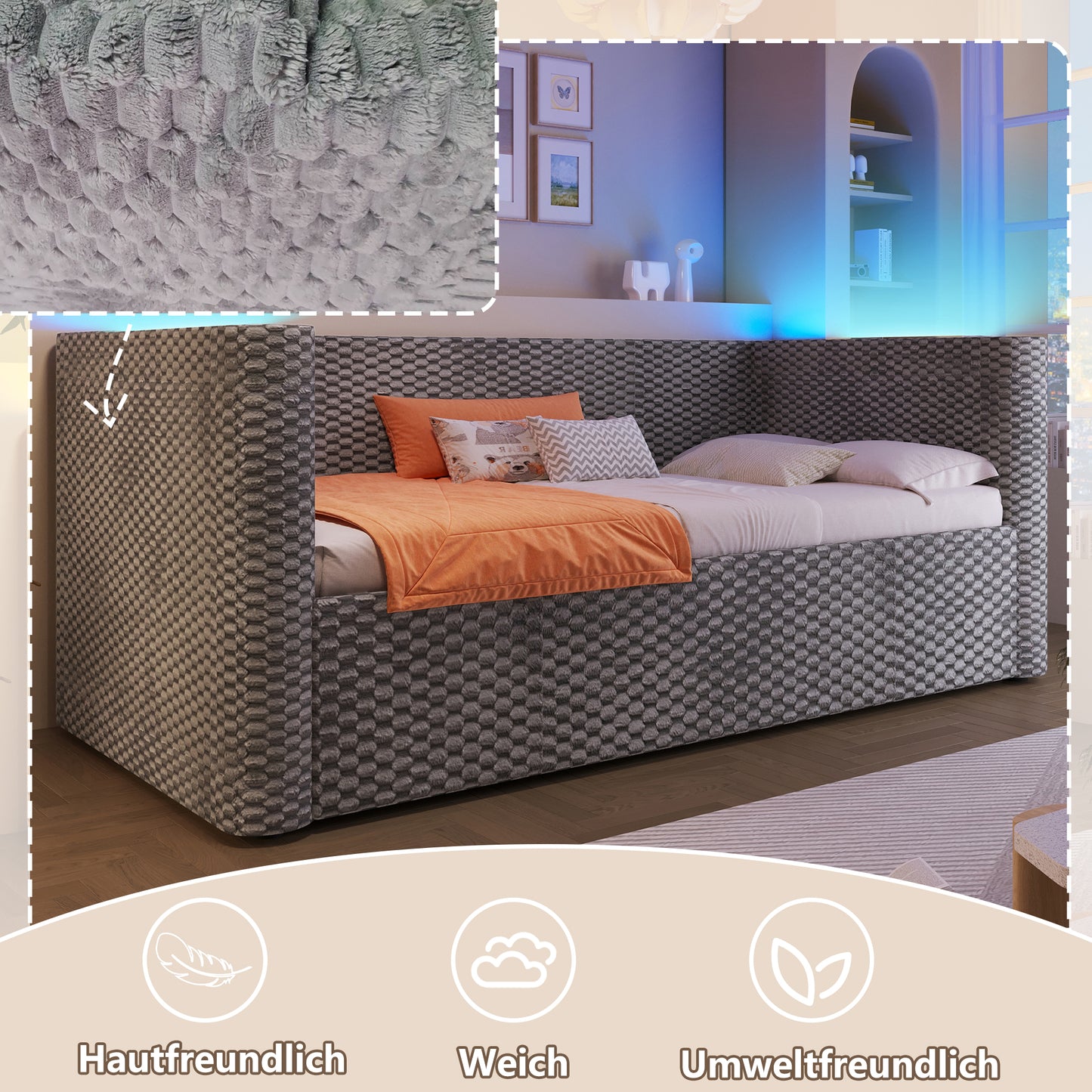 Daybed, Daybed, Sofa Bed, 90 X 200 Cm, With LED Lighting, With Hydraulic Storage Mechanism, Slatted Base Without Mattress, Velvet, Grey