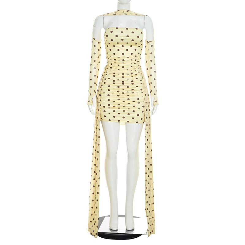Polka-dot Halter-neck Dress With Flowing Ribbons Figure-flattering And Body-hugging