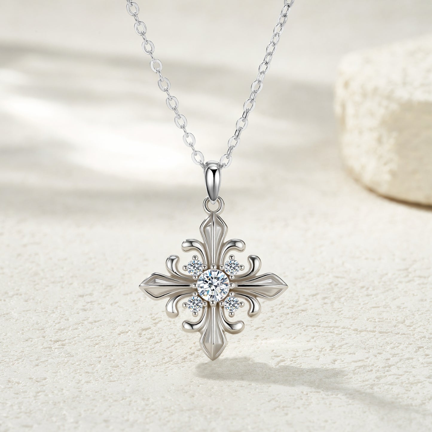 S925 Sterling Silver 0.3ct D Color VVS1 Moissanite Cross Flower Pendant Necklace 40cm Platinum Plated GRA Certified Gift Box