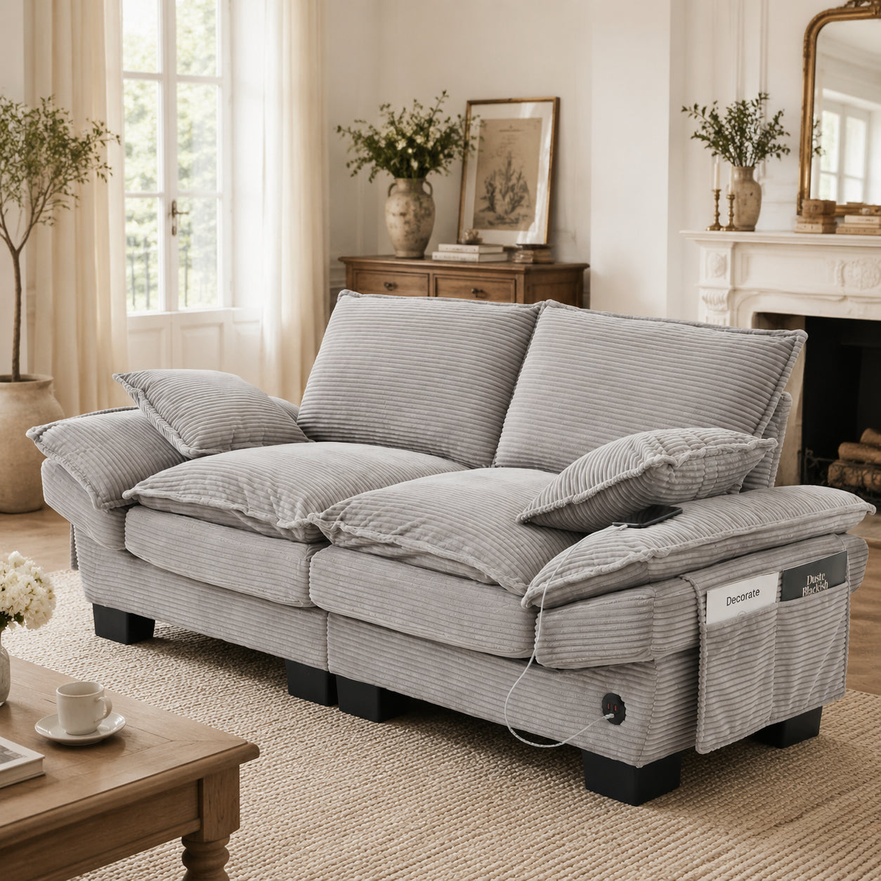 Modular Sofa With Wide Seat Surface For 2 People, Ergonomic Design, High-density Foam Cushioning, USB-C Port And Side Pockets. Ideal For Living Room, Office Or Lounge. Light Gray.
