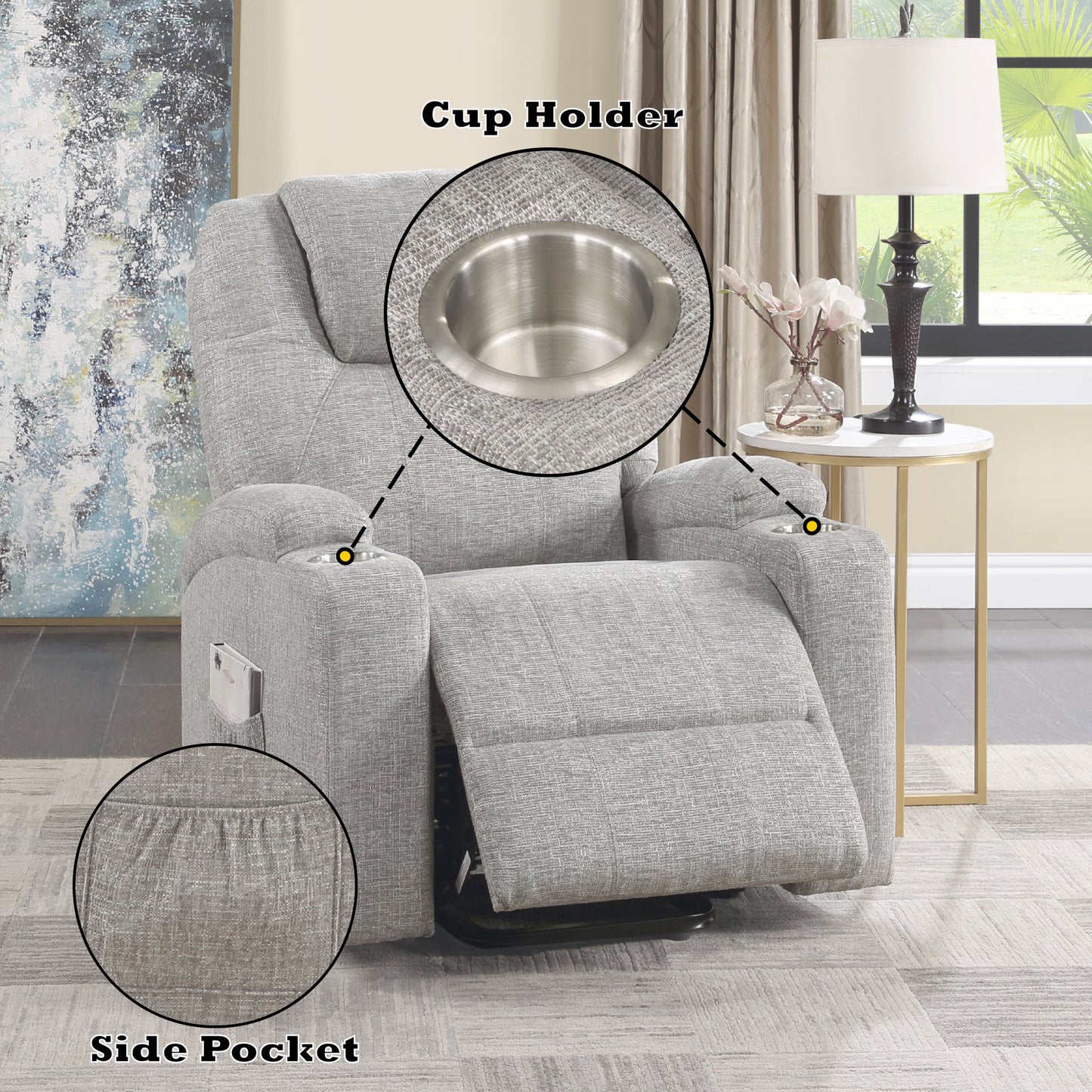 Light Gray Chenille Recliner W Power Lift & Massage