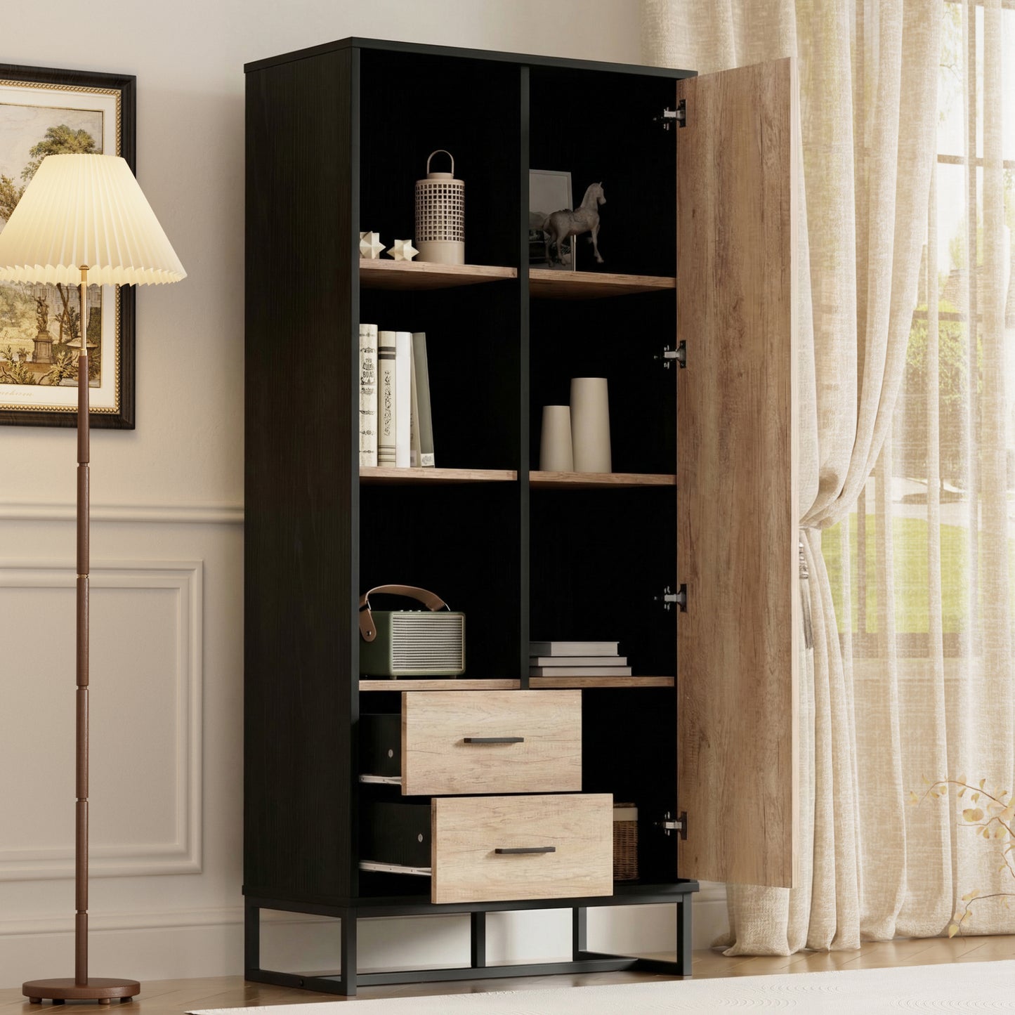 Modern Highboard Cabinet 80x40x180 Cm   Wood Look With Black Frame, With Door, 2 Drawers & 3 Open Compartments  Versatile Storage Space For Living Room, Office & Hallway
