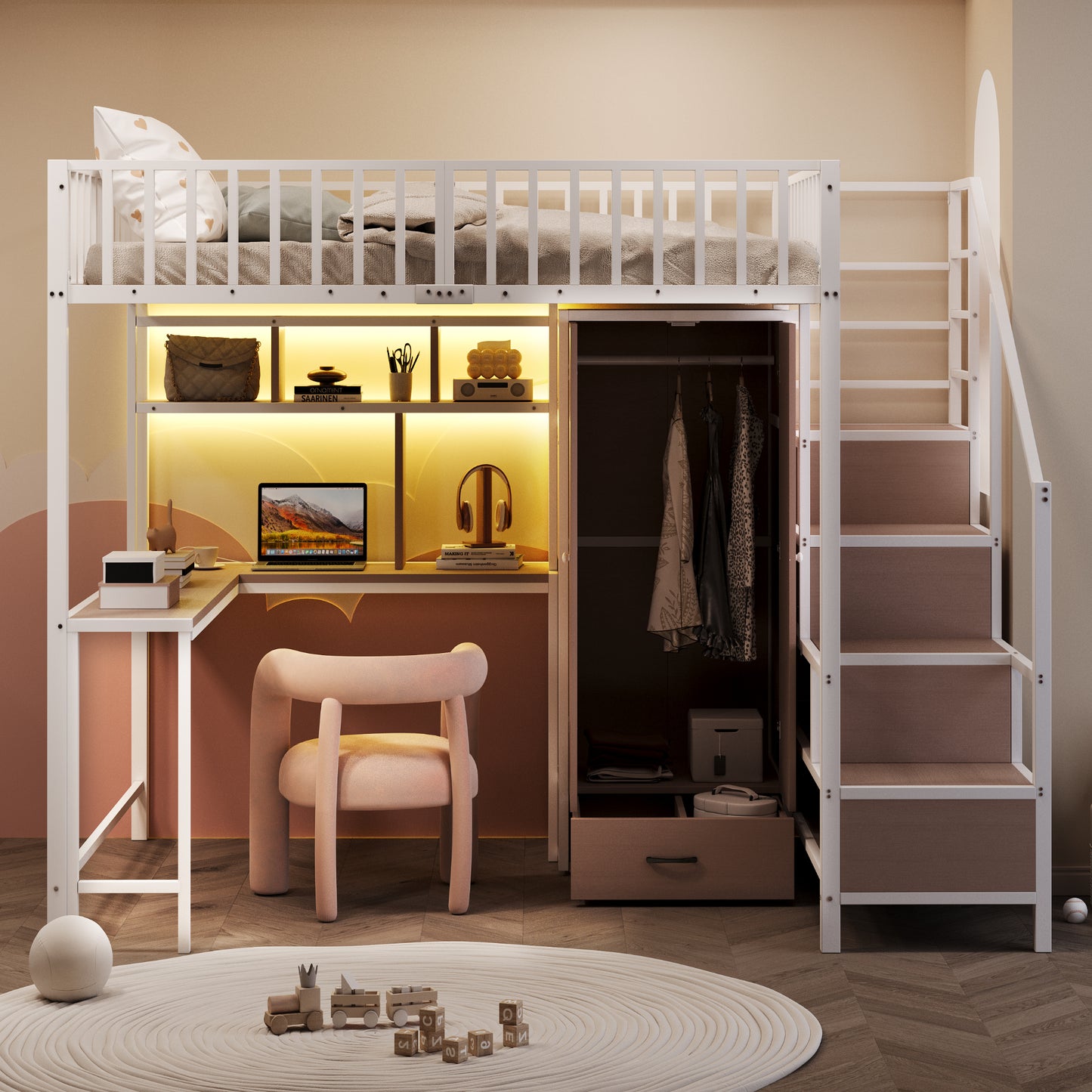 Metal Loft Bed 140 X 200 Cm With Desk, Shelf, Wardrobe And Drawers, With Storage Ladder And Safety Railing, Complete With Charging Socket And LED Lighting, Metal Frame, White