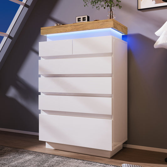 Chest Of Drawers, High-gloss Sideboard With 6 Drawers, LED Lighting  App Control , Multi-purpose Wardrobe For Living Room And Bedroom, 115 X 73 X 39 Cm, White
