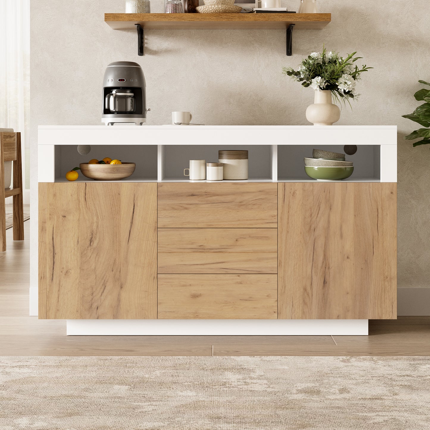 Modern Style Sideboard - Storage Cabinet With 3 Drawers And 2 Doors, Suitable For Living Room, Hallway Or Kitchen, Natural Wood Look - White, Dimensions  W-D-H  140 X 40X 85 Cm