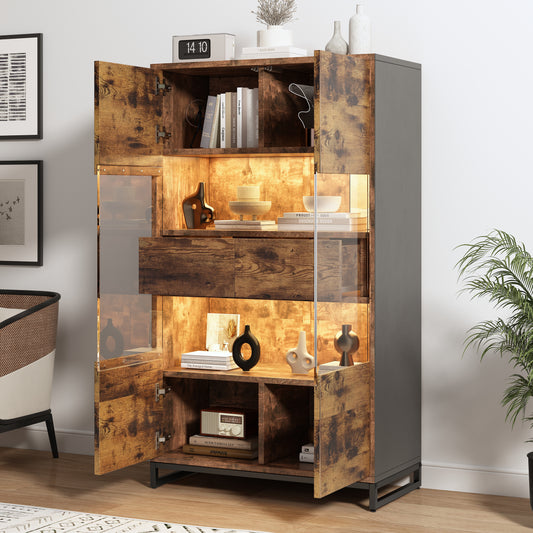 80X40X138cm Display Cabinet With LED Lighting Standing Display Cabinet,Display Cabinets With 2 Drawers, Storage Display Case With Acrylic Panel, Highboard, Wine Cabinets, Bookshelves With Plenty Of St