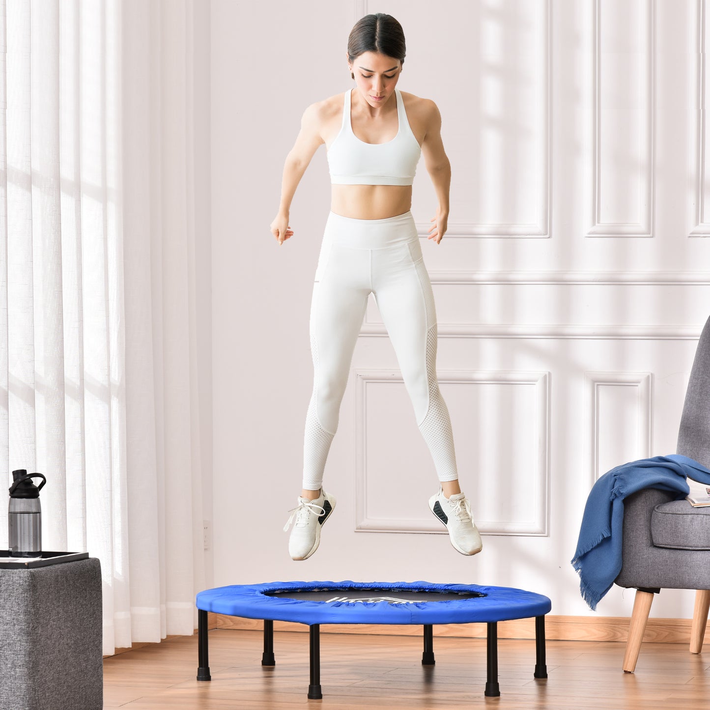 36" Mini Fitness Trampoline Home Gym Yoga Exercise Rebounder Indoor Outdoor Jumper With Safety Pad, Support Up To 100 KG, Blue And Black