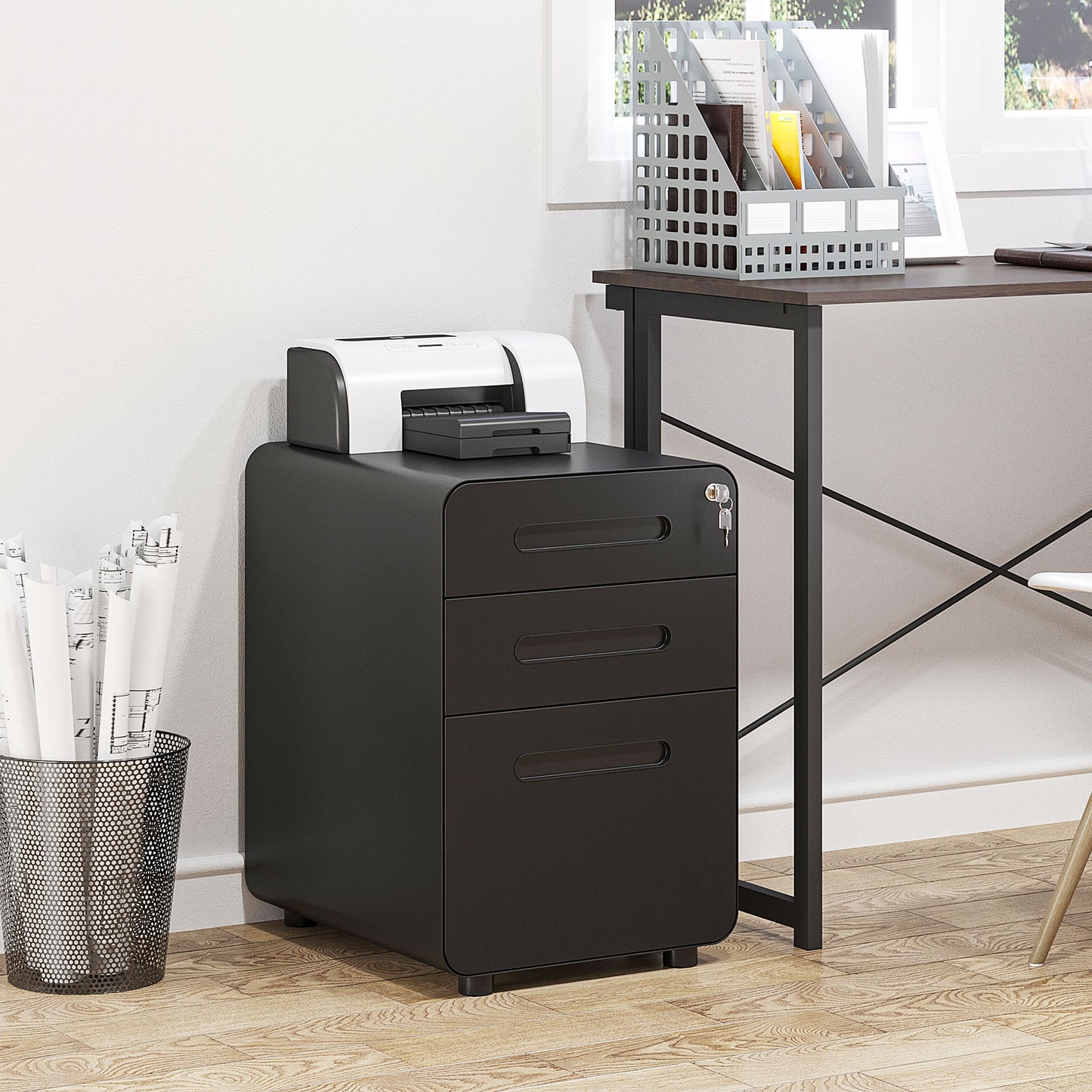 Vinsetto Lockable File Cabinet With 3 Drawers, Vertical Office Drawer For A4, Letter, Legal Size, Anti-tilt Design, Pre-Assembled Body, Black