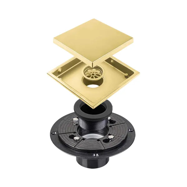 6 Inch Square Shower Drain With 2-in-1 Flat & Tile Insert Removable Cover, 304 Stainless Steel With Flange And Hair Strainer, Brushed Gold