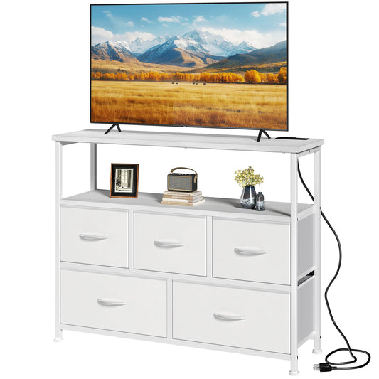 TV Cabinet, Dressing Table With 5 Fabric Storage Drawers, Media Cabinet With Open Shelves, Fabric Storage Cabinet With Charging Station