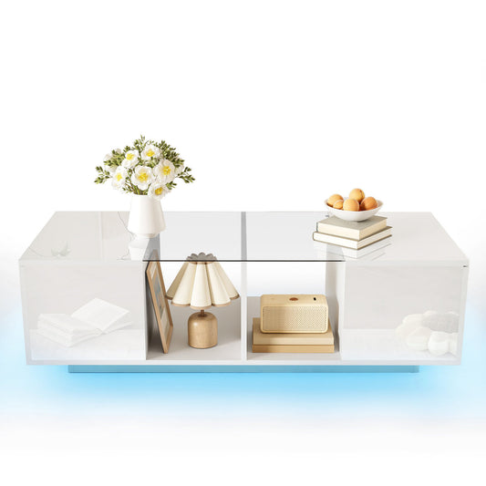 Modern White Coffee Table With LED Lighting, High Gloss Top, 120 X 50 X 38.5 Cm