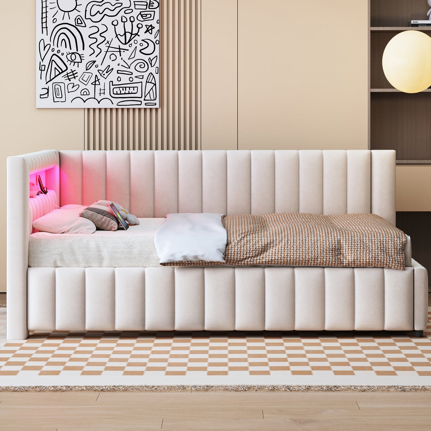 Upholstered Bed Sofa Bed 140x200, Upholstered In Velvet Fabric With LED Light And USB Charging Port, With Backrest, Headboard And Sturdy Bed Frame Beige