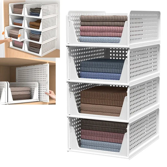 4-Pack Stackable Foldable Storage Drawers - White Large Capacity Closet Organizers for Bedroom, Kitchen, Home Plastic Bins