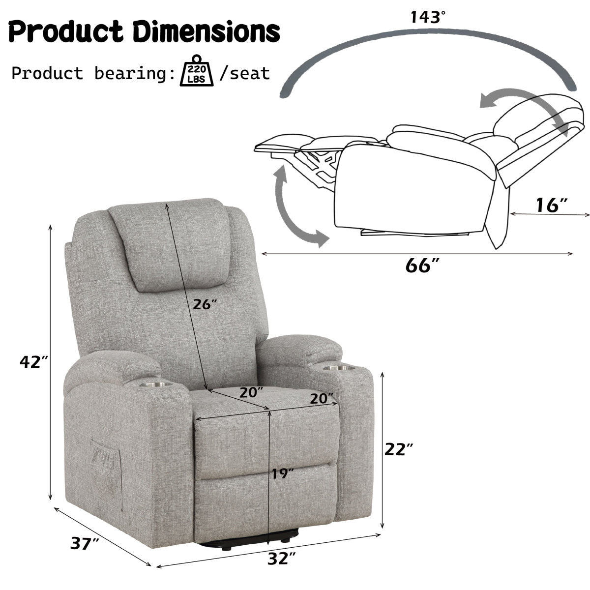 Light Gray Chenille Recliner W Power Lift & Massage