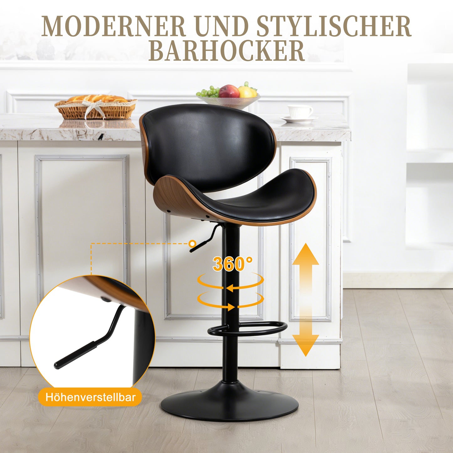 Swivel Bar Stools, Set Of 2, Height Adjustable Bar Stools In Curved Wood, Bar Chair With PU Leather Cover, Ergonomic Backrest And Footrest, For Bar, Kitchen Island At Home Black PU Leather