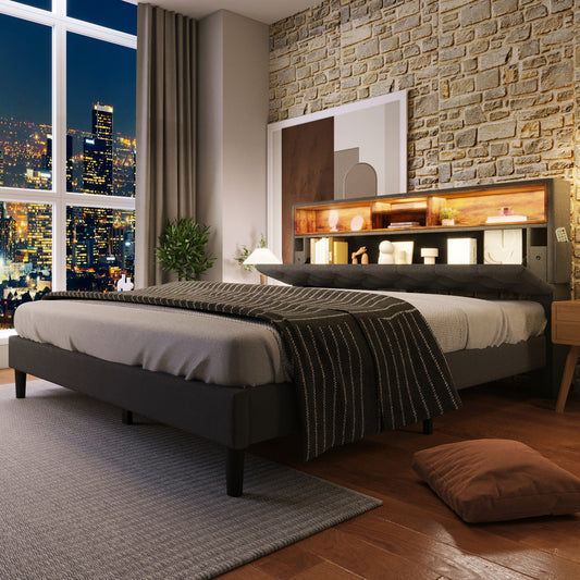 Upholstered Bed Double Bed Storage Headboard Bed With LED Lighting Bed Frame Wooden Slatted Frame,140x200CM Grey Without Mattress