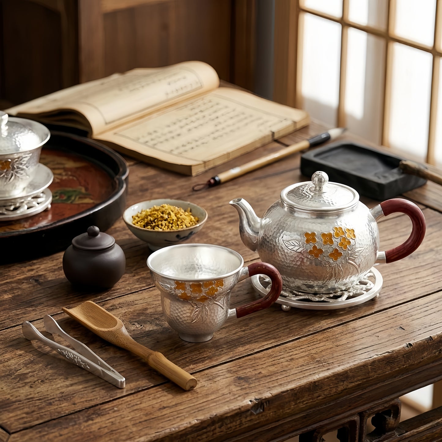 Pure 999 Fine Silver Handcrafted Hammered Silver Tea Cup with Floral Engraving and Wooden Handle - Handicraft