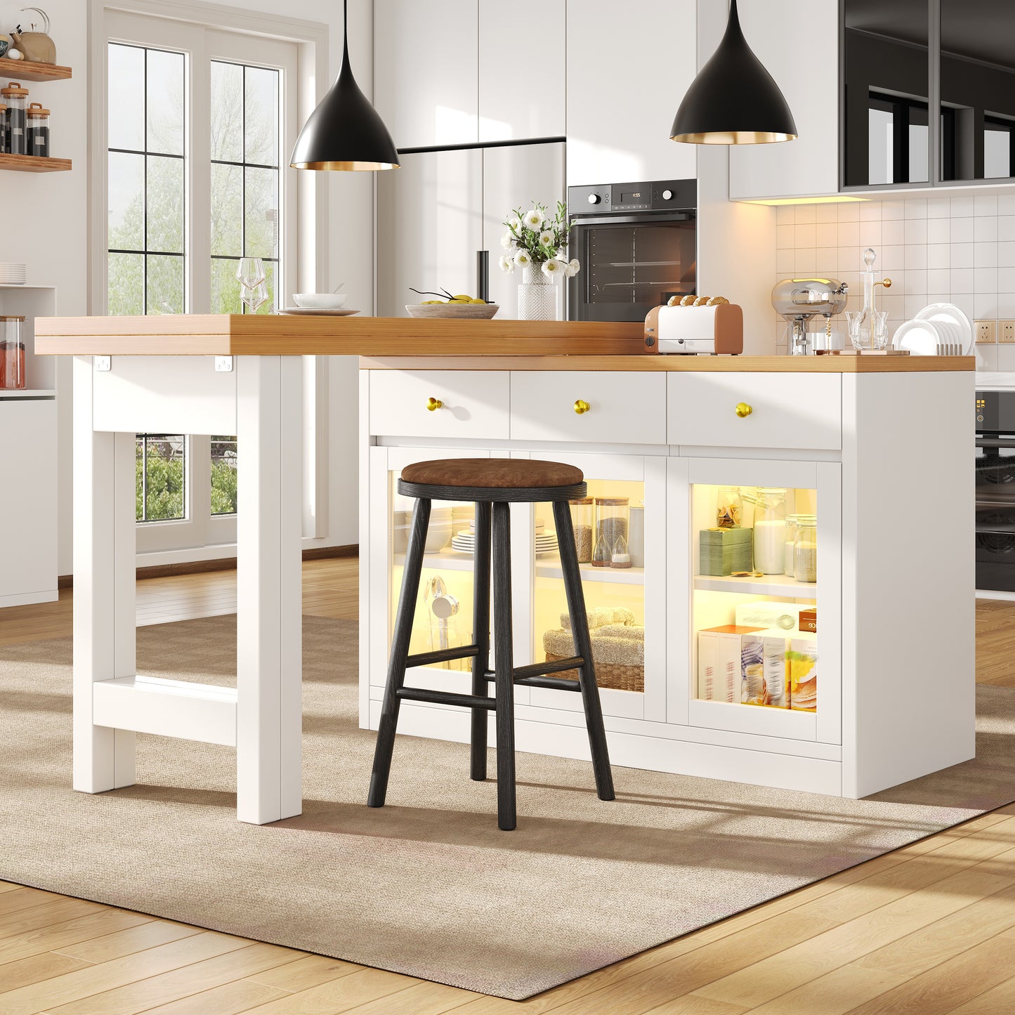 Extendable Kitchen Island With LED Lights, 120-200cm Adjustable Dining Table With Storage, 3 Drawers & Glass Cabinets, White Black