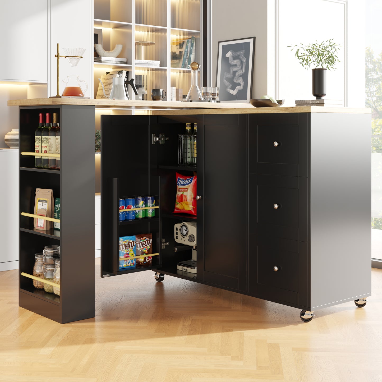 360 Swivel Bar Table  135-203 X 39 X 106 Cm  On Wheels, Black, With Three Drawers. Comes With Snack Holder. Multifunctional Storage Island, Suitable For Kitchen And Living Room