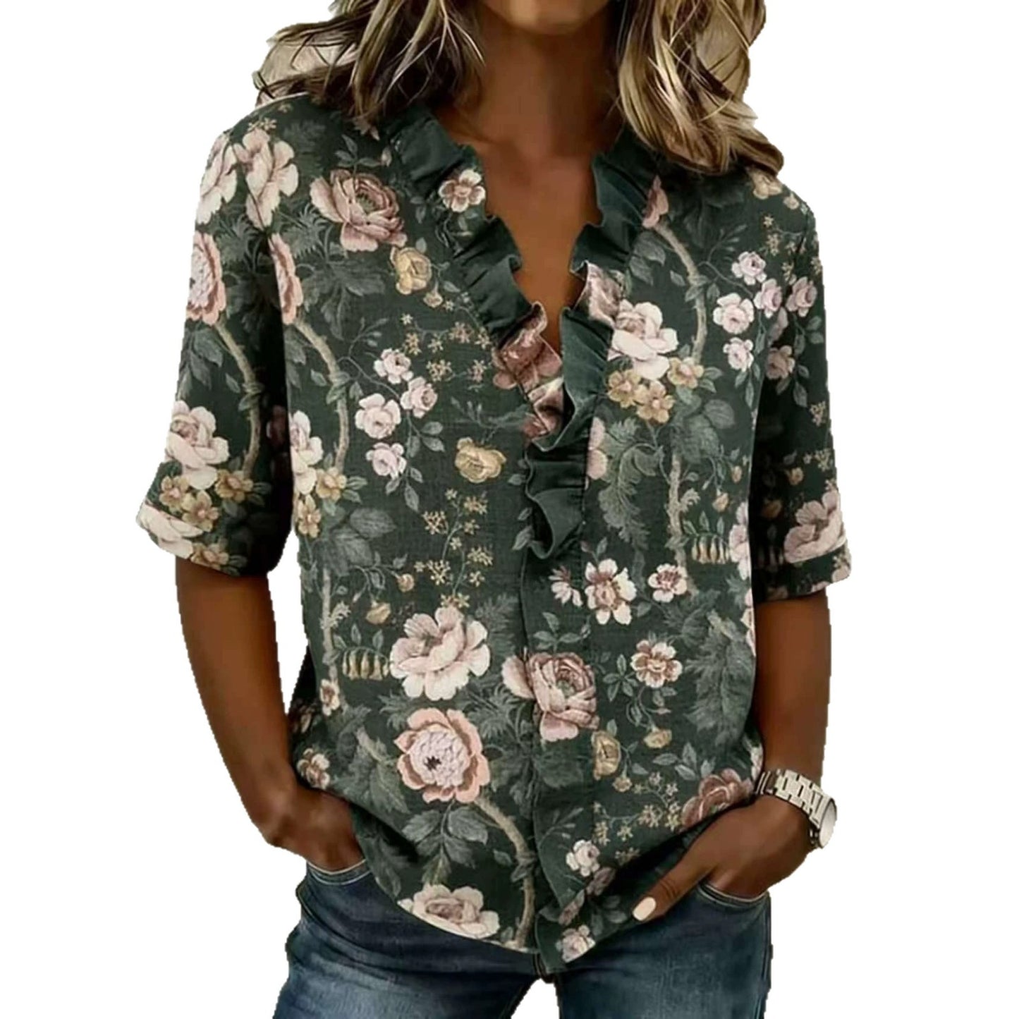 Printed Womens Fashion Floral V-neck Shirt