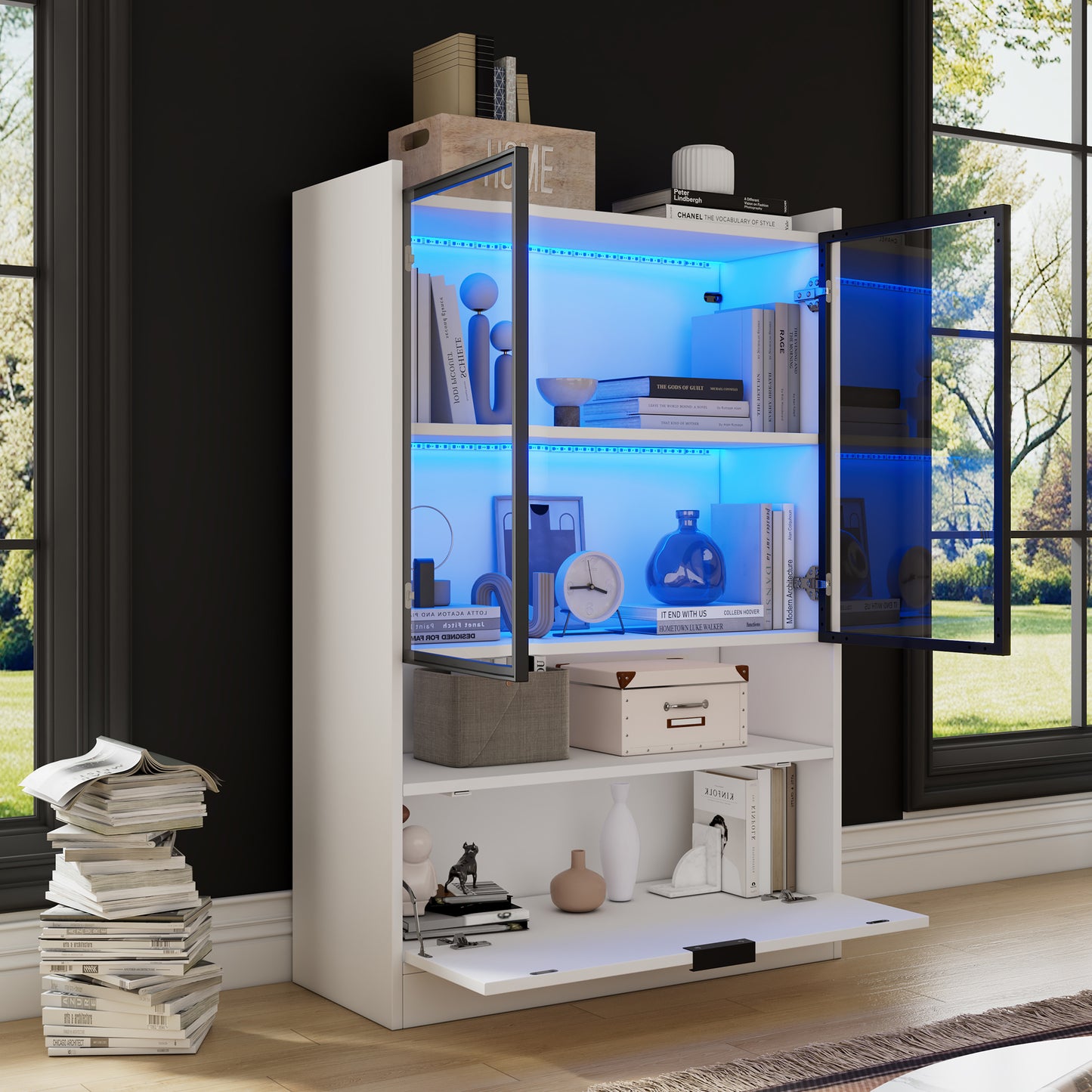 Modern LED Display Cabinet Matt Height 120cm With LED Lighting, Glass Display Cabinet Standing Display Case With Lighting, Living Room Cabinet With Glass Doors And Hinged Door, Particleboard Display C
