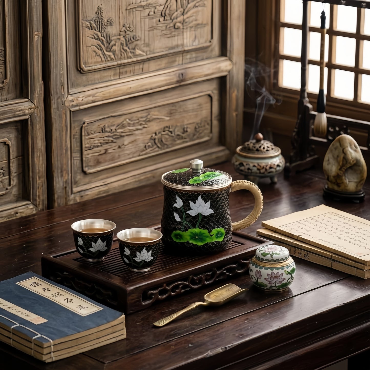 Pure 999 Fine Silver Handcrafted Cloisonné Lotus Tea Mug with Rattan Handle and Lid - Handicraft