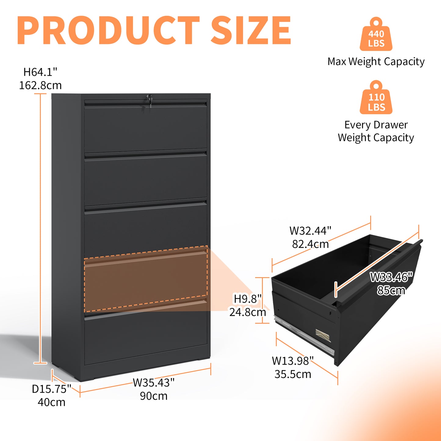 5 Drawer Metal Lateral File Cabinet , Black Filing Cabinet With Lock, Lockable File Cabinet For Home Office, Locking Metal File Cabinet For Legal Letter A4 F4 Size