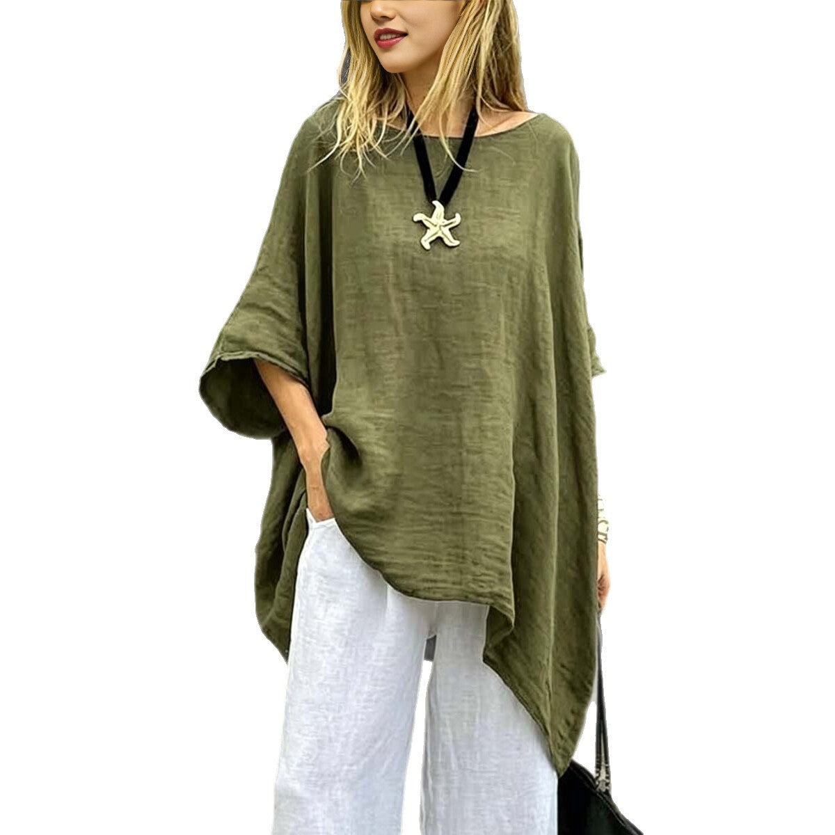 Womens Irregular Fashion Solid-Color Round-Neck Casual Top