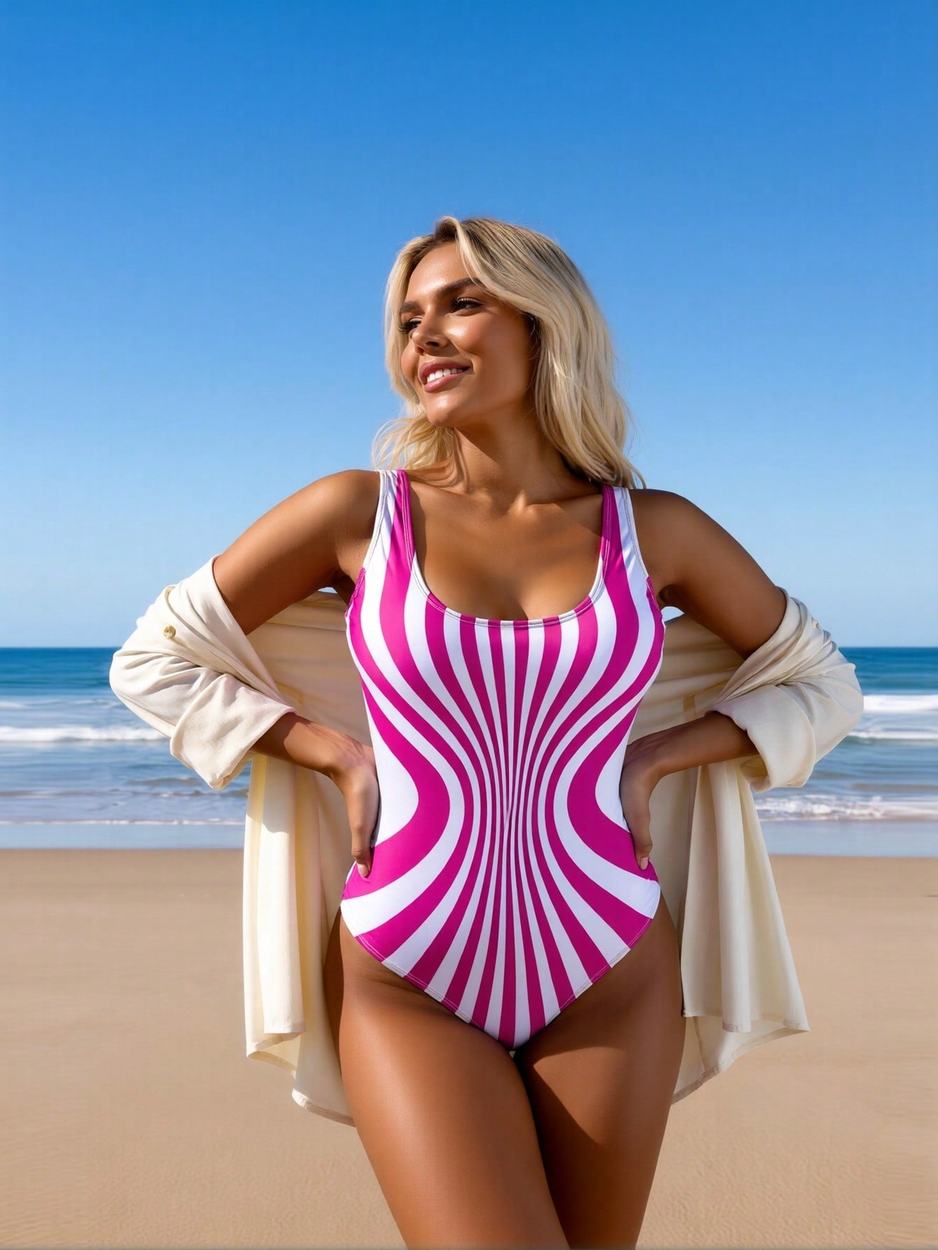 2026 New Trendy One-Piece Swimsuit Women's Pink & White Swirl Stripe Slimming Bathing Suit For Pool Party, Tummy Control & Flattering