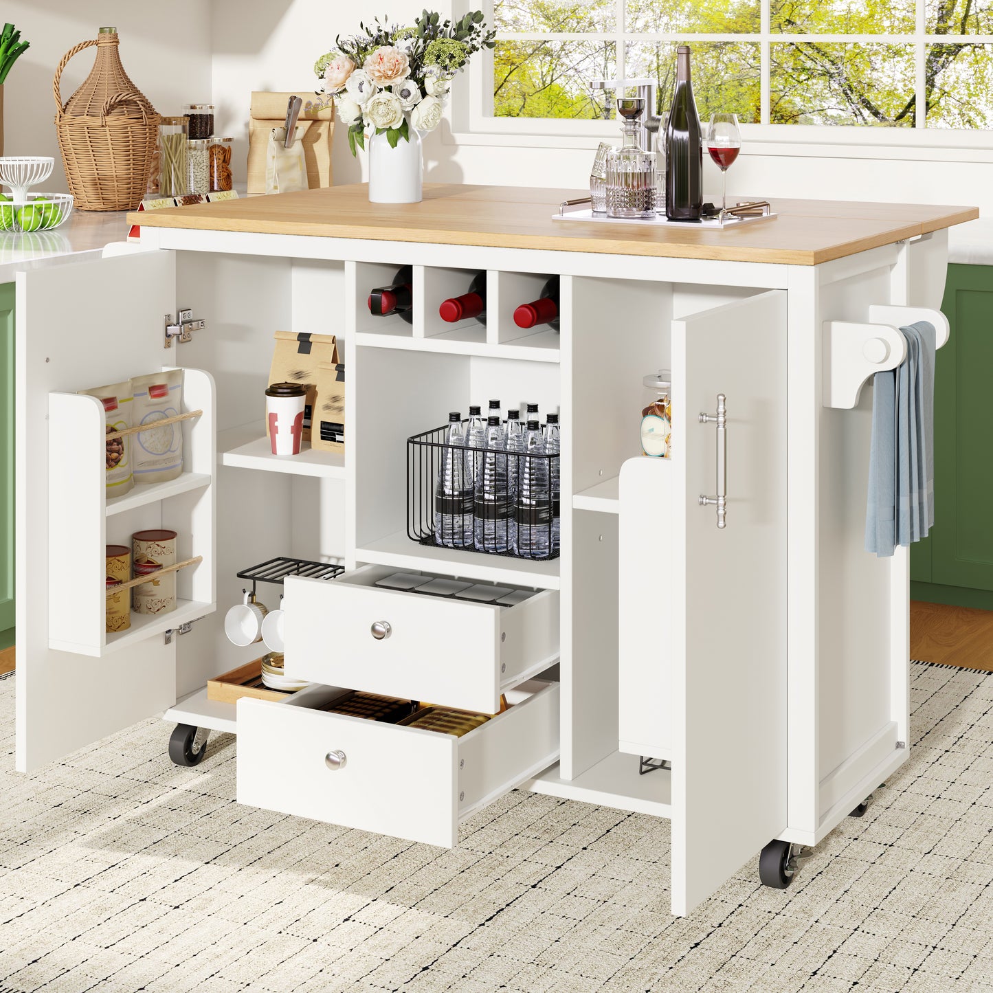 Kitchen Island Buffet Cabinet 120 X 73 X 92 Cm Kitchen Cabinet Kitchen Trolley And Folding Worktop With Towel Rail Spice Rack Door Rack Wine Rack And Adjustable Shelves, White Black