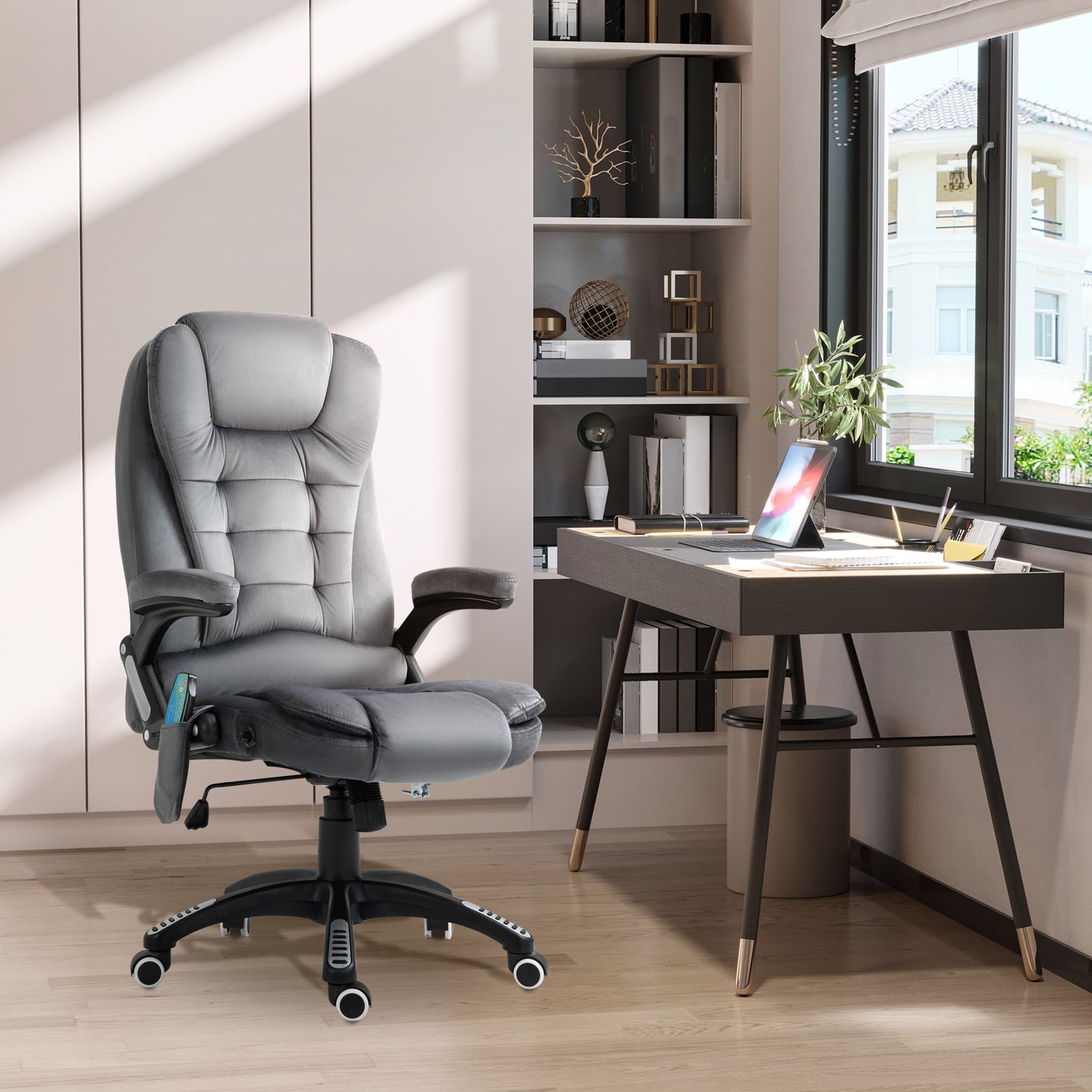 Vinsetto Massage Recliner Chair Heated Office Chair With Six Massage Points Velvet-Feel Fabric 360° Swivel Wheels Grey