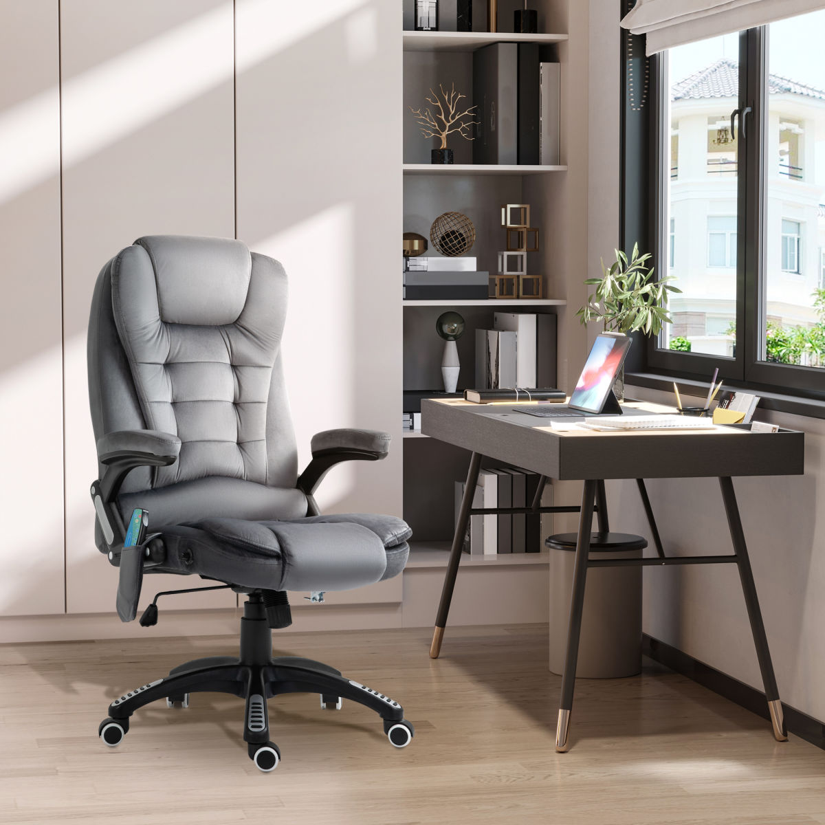 Vinsetto Massage Recliner Chair Heated Office Chair With Six Massage Points Velvet-Feel Fabric 360° Swivel Wheels Grey