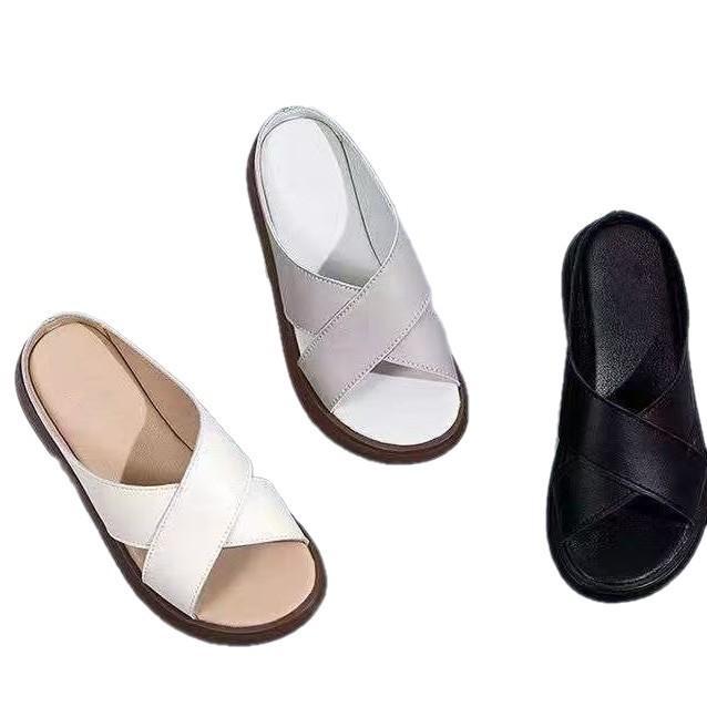 Round-toe Open-toe Non-slip Cross-strap Womens Outdoor Slippers