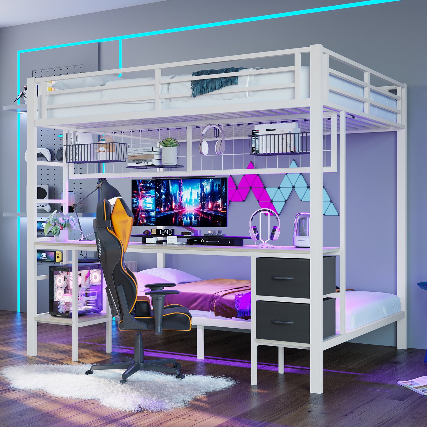 Loft Bed, 90x200 And 140x200, Iron Frame, Drawers, Shelves For Objects, Grid For Hanging Objects, Desk, With 7-color LED Bar, USB Port, Without Mattress, White