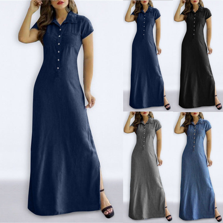 Women's Denim Look Turn Down Collar Short Sleeve Button Front Maxi Dress, Casual A-Line Long Dress For Daily & Office