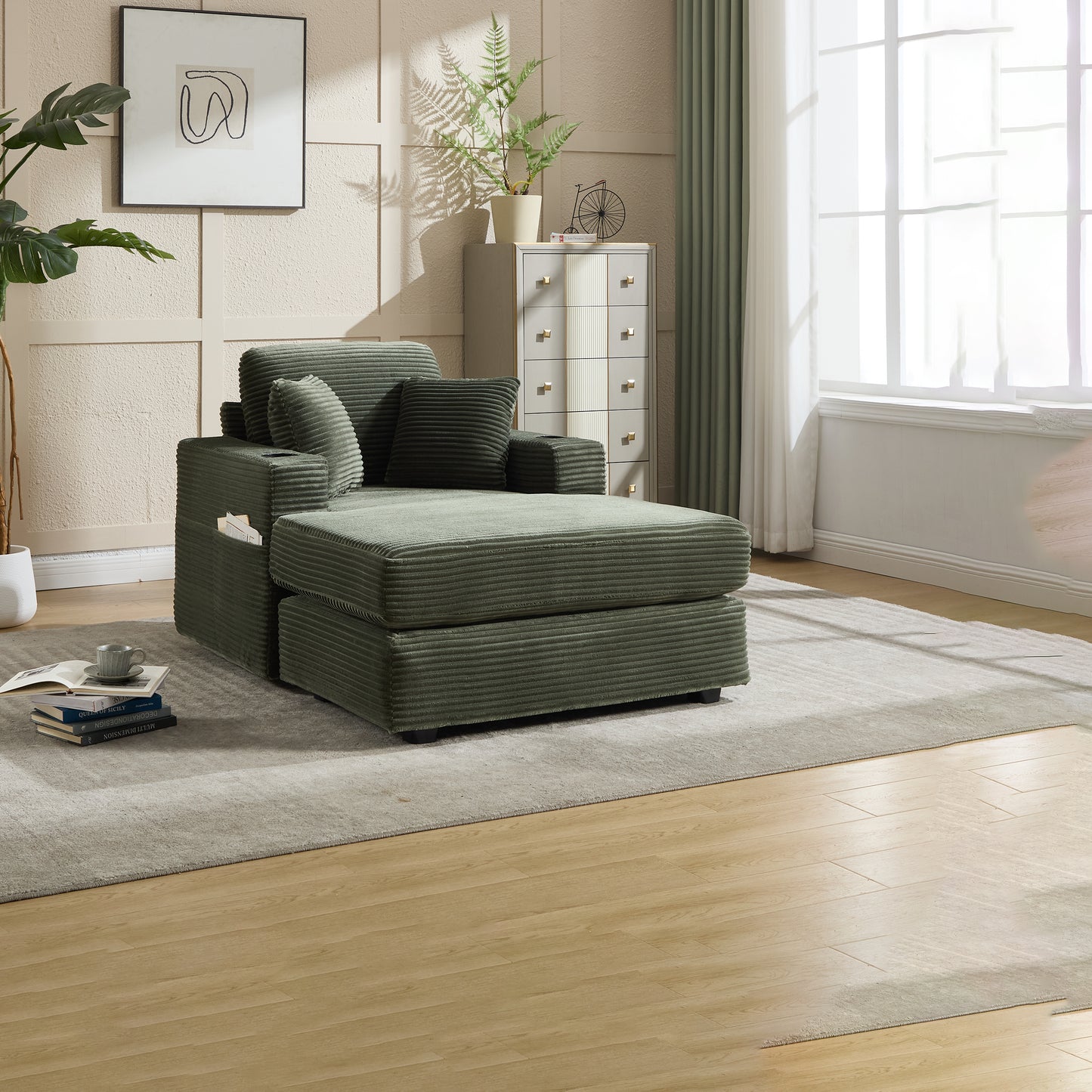 New Corduroy Upholstered Chaise Lounge Sofa,Magazine Bag,Detachable Cushions Deep Seat For Living Room Office,3 Colour