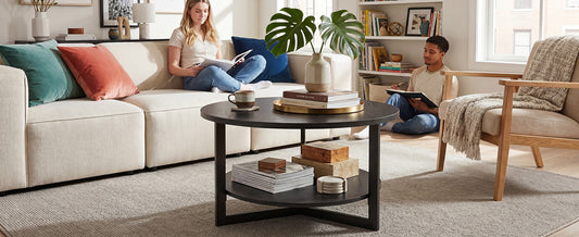 Coffee Table 31.5inch Black Industrial Modern 2 Tier Round Wood Center Table For Home Living Room