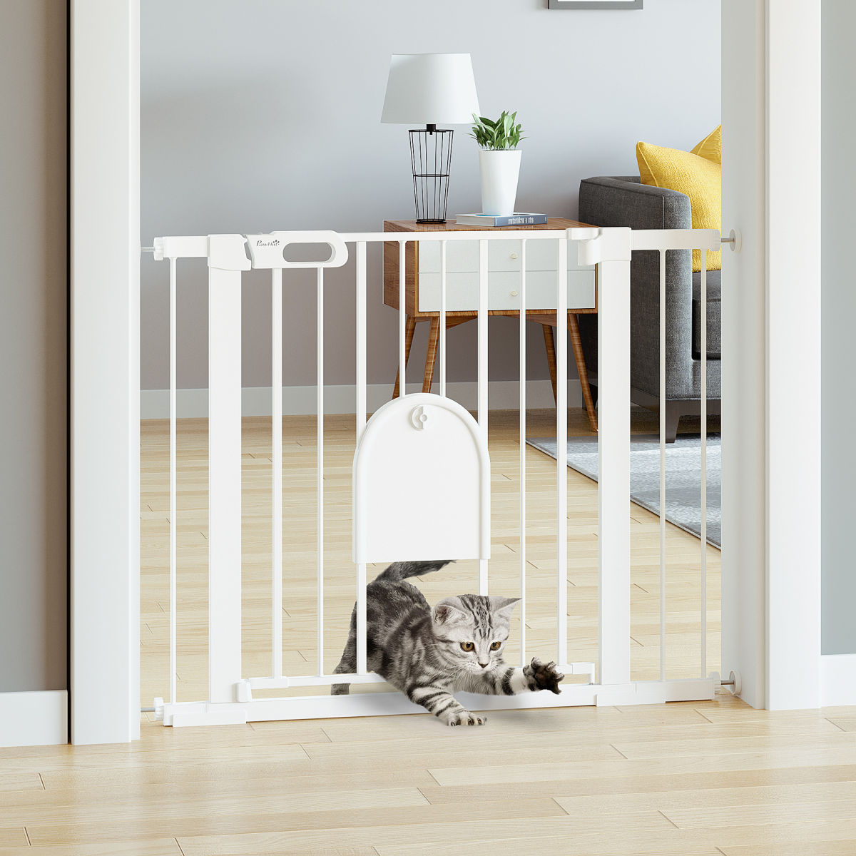 PawHut Dog Gate With Cat Flap Pet Safety Gate Barrier, Stair Pressure Fit, Auto Close, Double Locking, For Doorways, Hallways, 75-103 Cm White