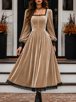 Square Neck Lace Spliced Velvet Dress For Women, New Autumn Winter Evening Gown