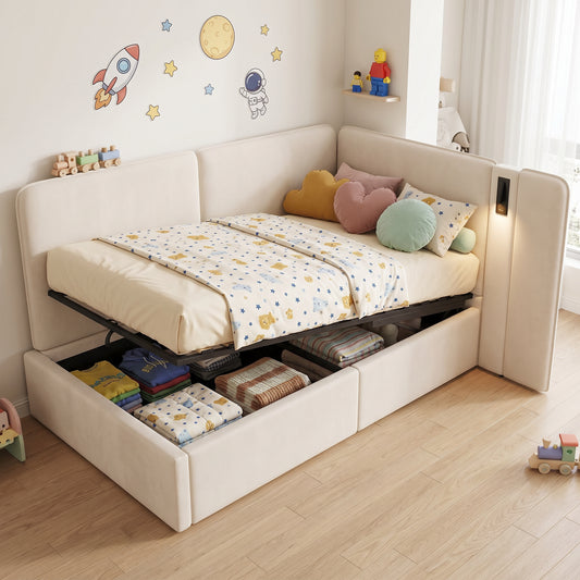 Daybed 90x200 Cm With Hydraulic Storage, Upholstered Bed, Daybed, Sofa Bed With USB Charging Port And Reading Lamp, Velvet, Beige