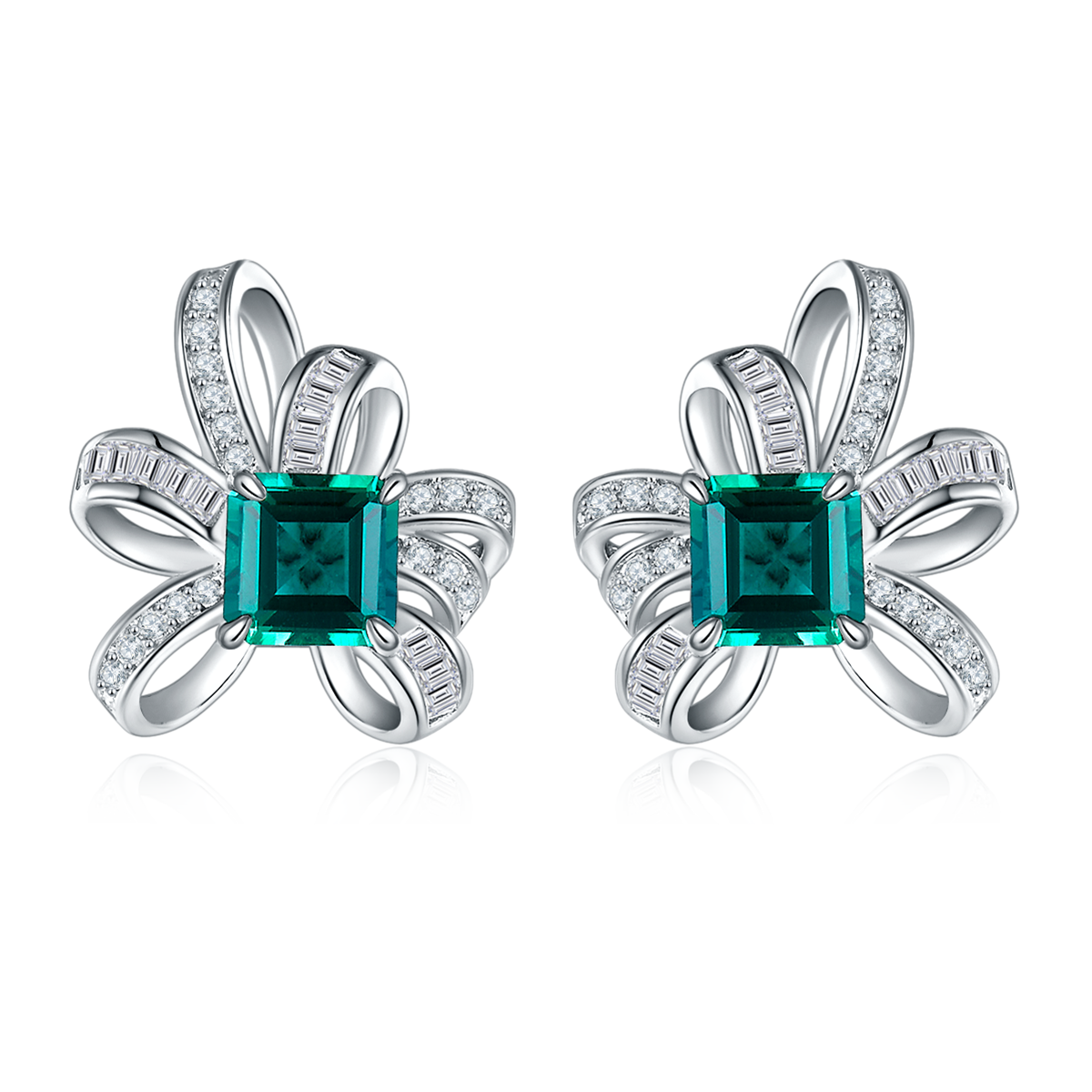 S925 Sterling Silver Bowknot Stud Earrings, 6x6mm Lab-Grown Ruby&Emerald With Mixed Pave Ribbon, Platinum Plated 3.2g Women's Jewelry Gift Box