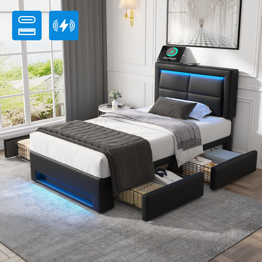 Upholstered Bed 90x200 Cm, With USB Port  Supports Wireless And Wired Charging , With LED Lighting And Four Drawers, Without Mattress, PU Lychee Pattern, Black