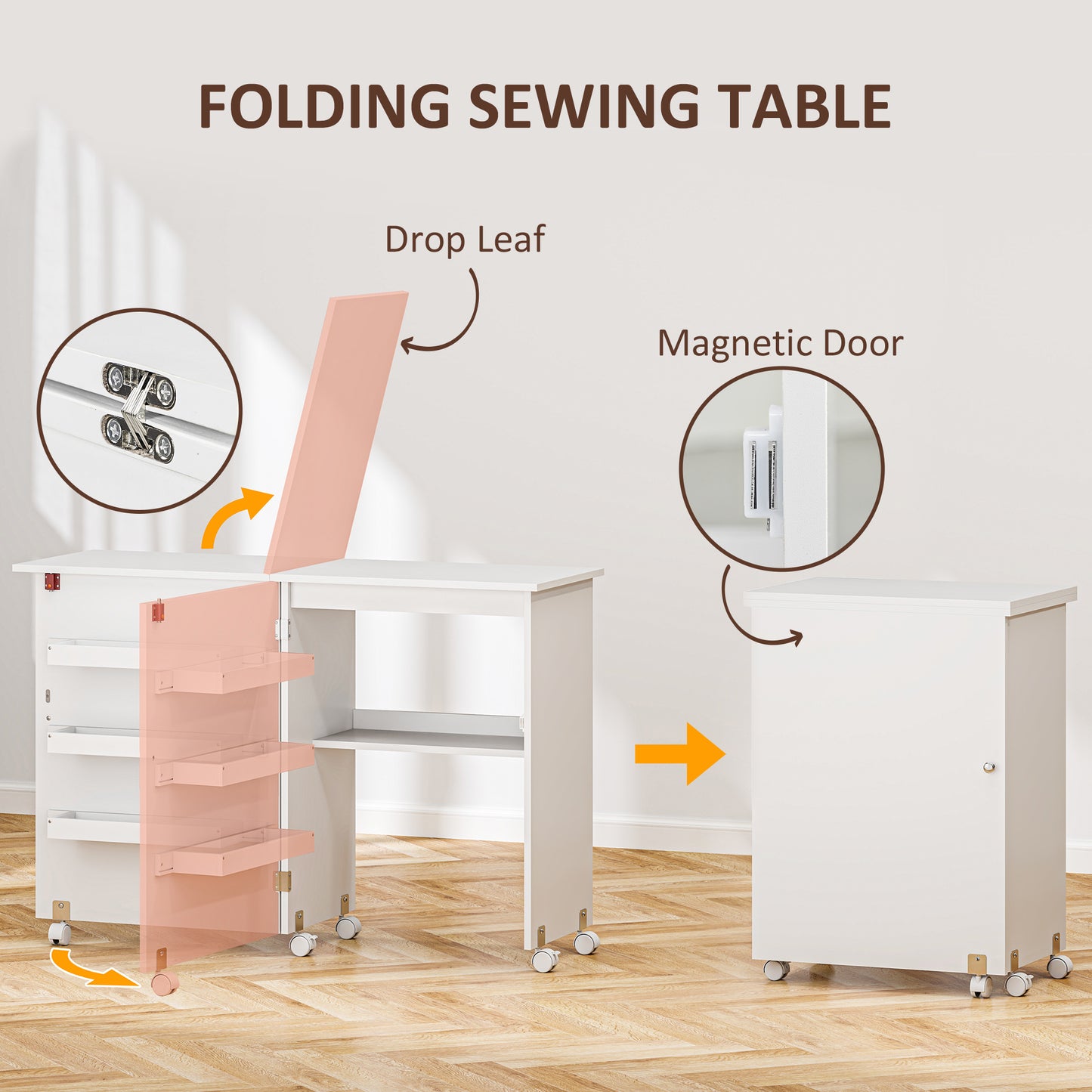 Folding Sewing Table, Drop Leaf Craft Table With Storage Bins, Open Shelf And Wheels, Rolling Sewing Machine Cabinet Computer Desk For Small Space, White